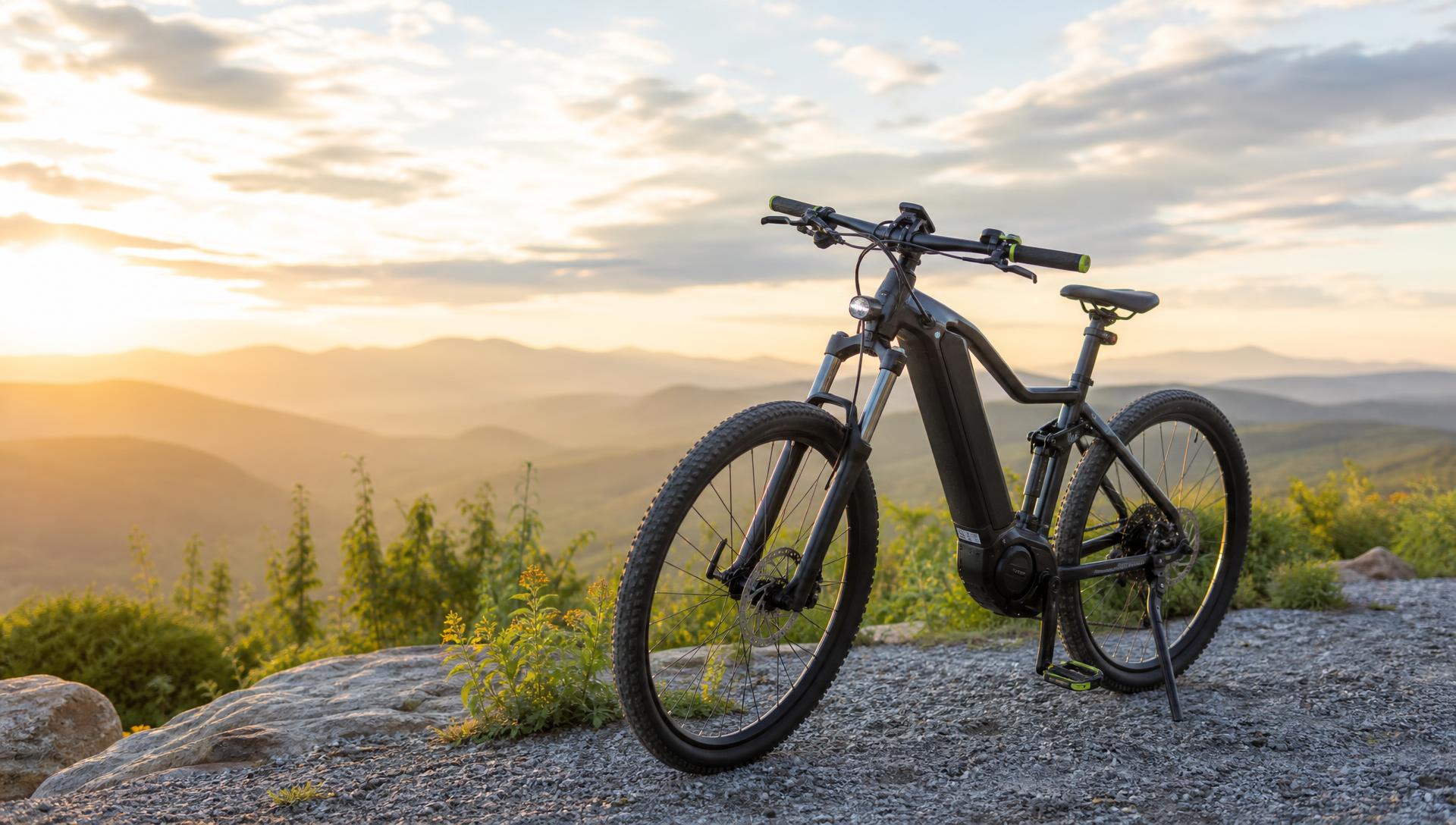 A single electric bike on a New Hampshire mountain overlook at sunrise with morning clouds