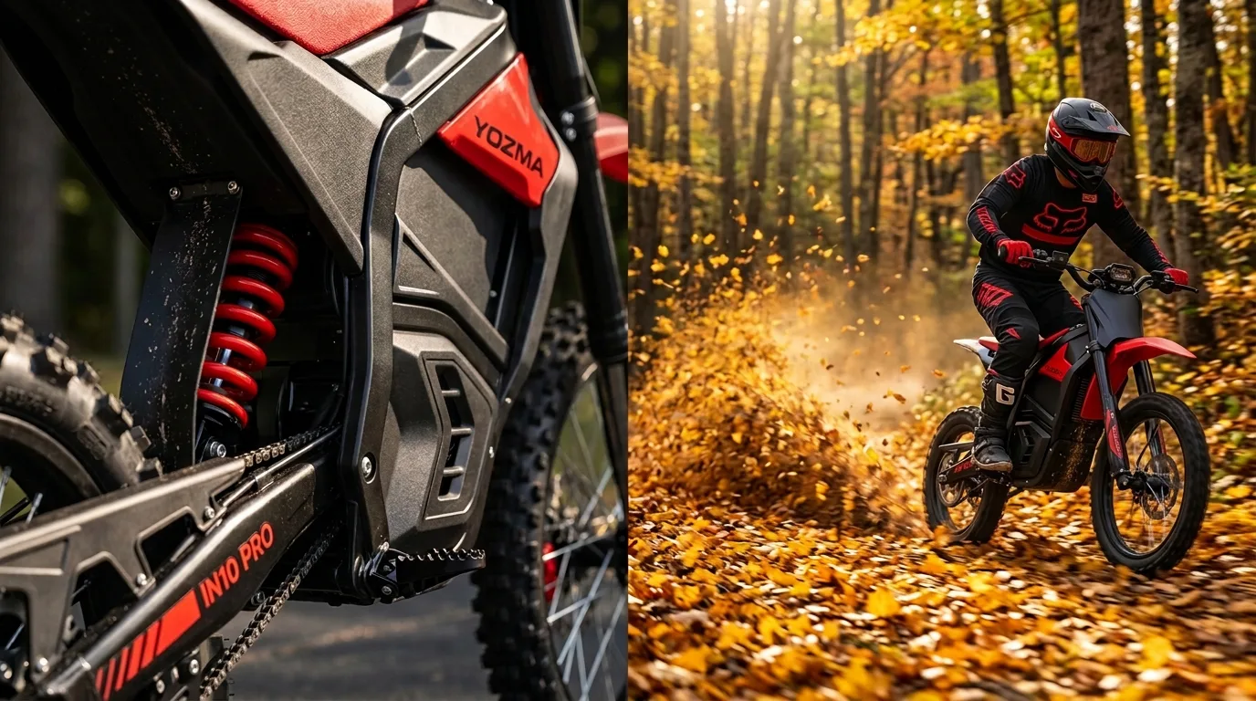 Yozma IN10 Pro electric dirt bike and a rider on an autumn New Hampshire trail