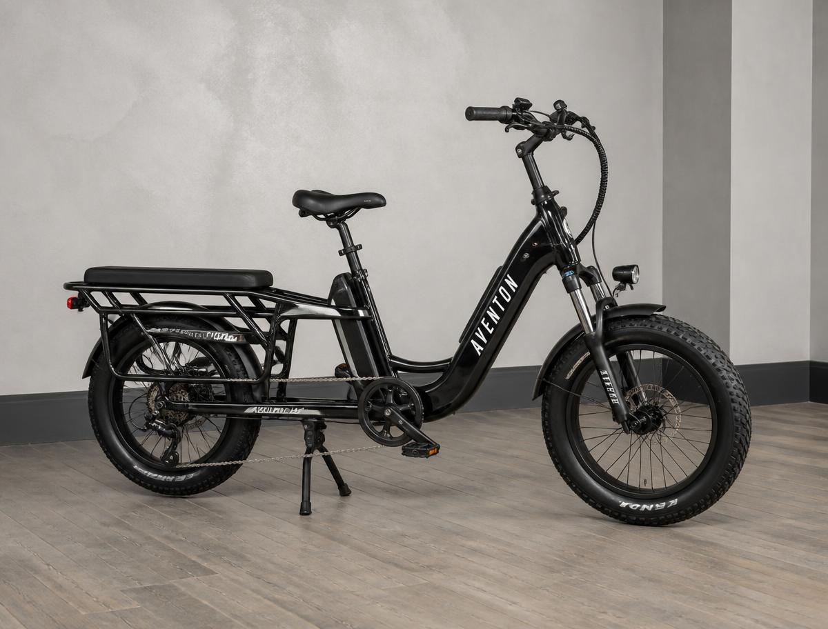 Aventon Abound LR cargo e-bike on the KOGO showroom floor in Ossipee, New Hampshire