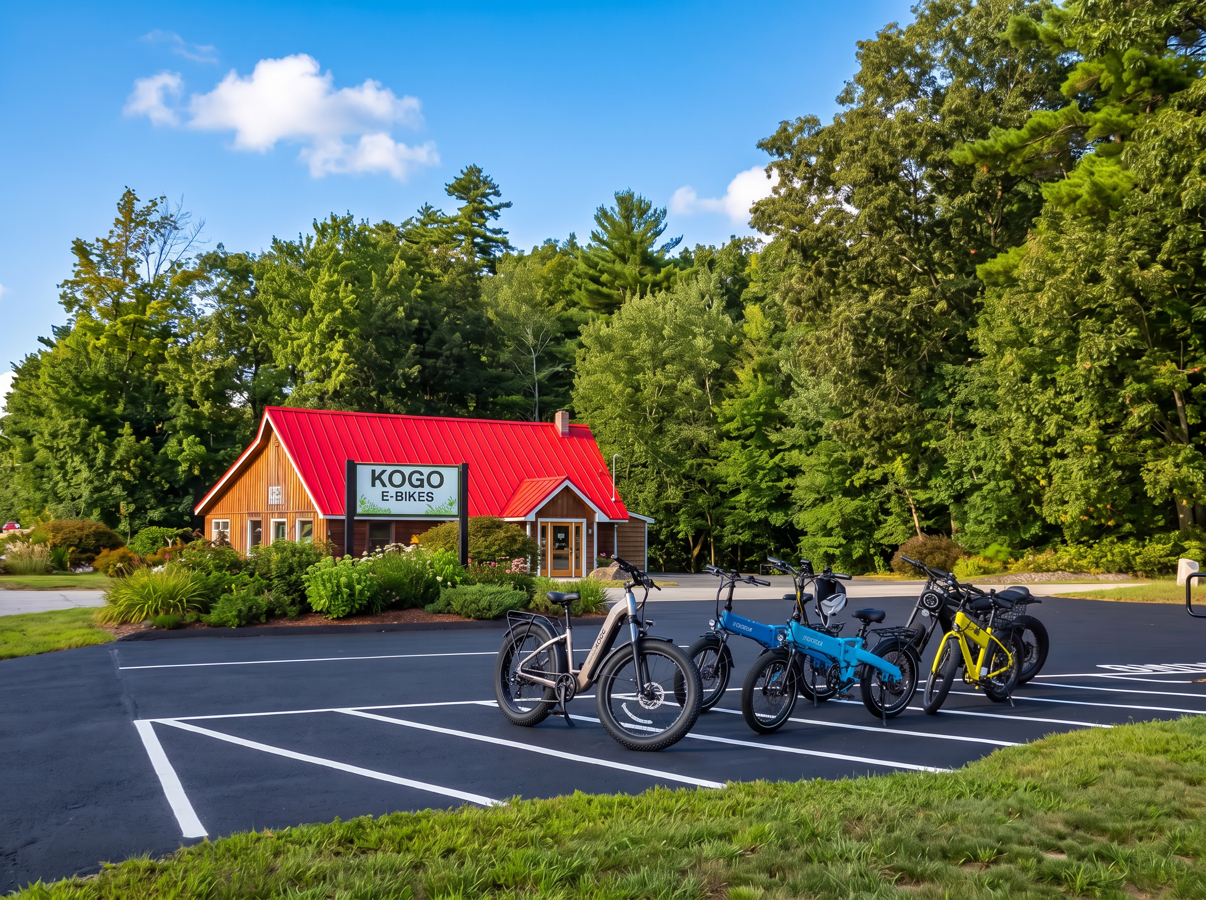 KOGO E-Bikes roadside sign with the red metal roof building behind it on Route 16 in Ossipee, New Hampshire