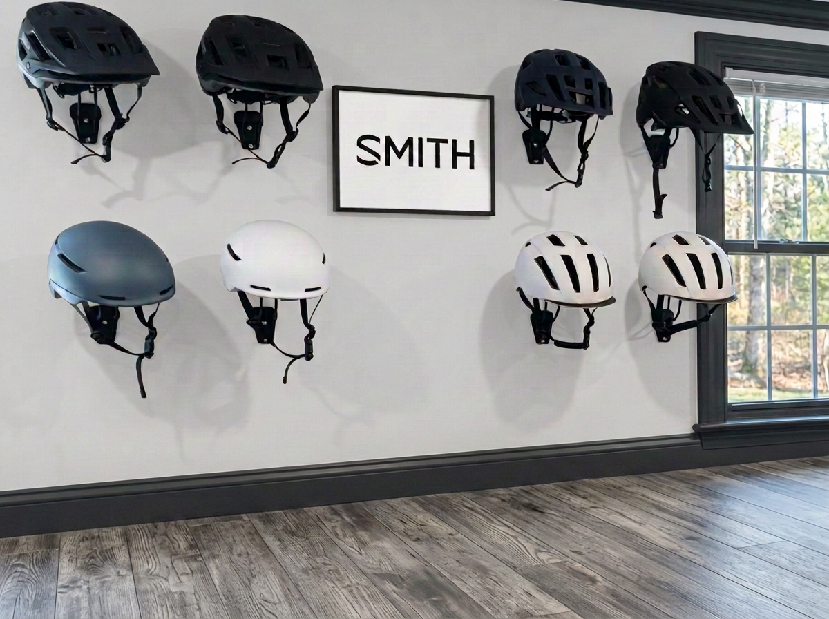 Wall of certified e-bike helmets on display at the KOGO shop