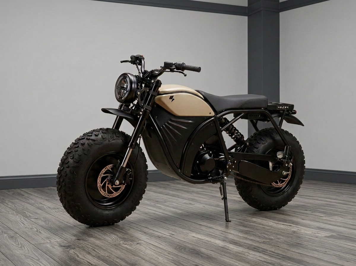 Tan and black Volcon Brat electric bike on the KOGO showroom floor