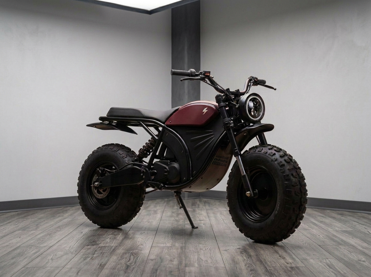 Maroon and black Volcon electric moto on the KOGO showroom floor in Ossipee, New Hampshire
